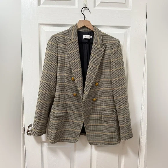 ALC Sedgwick Green Yellow Plaid Gold Double Breasted Blazer Preppy Fall Tailored - Picture 6 of 16